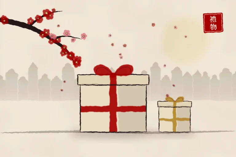 Inkttekening: twee cadeaus met strik onder een tak met pruimenbloesem