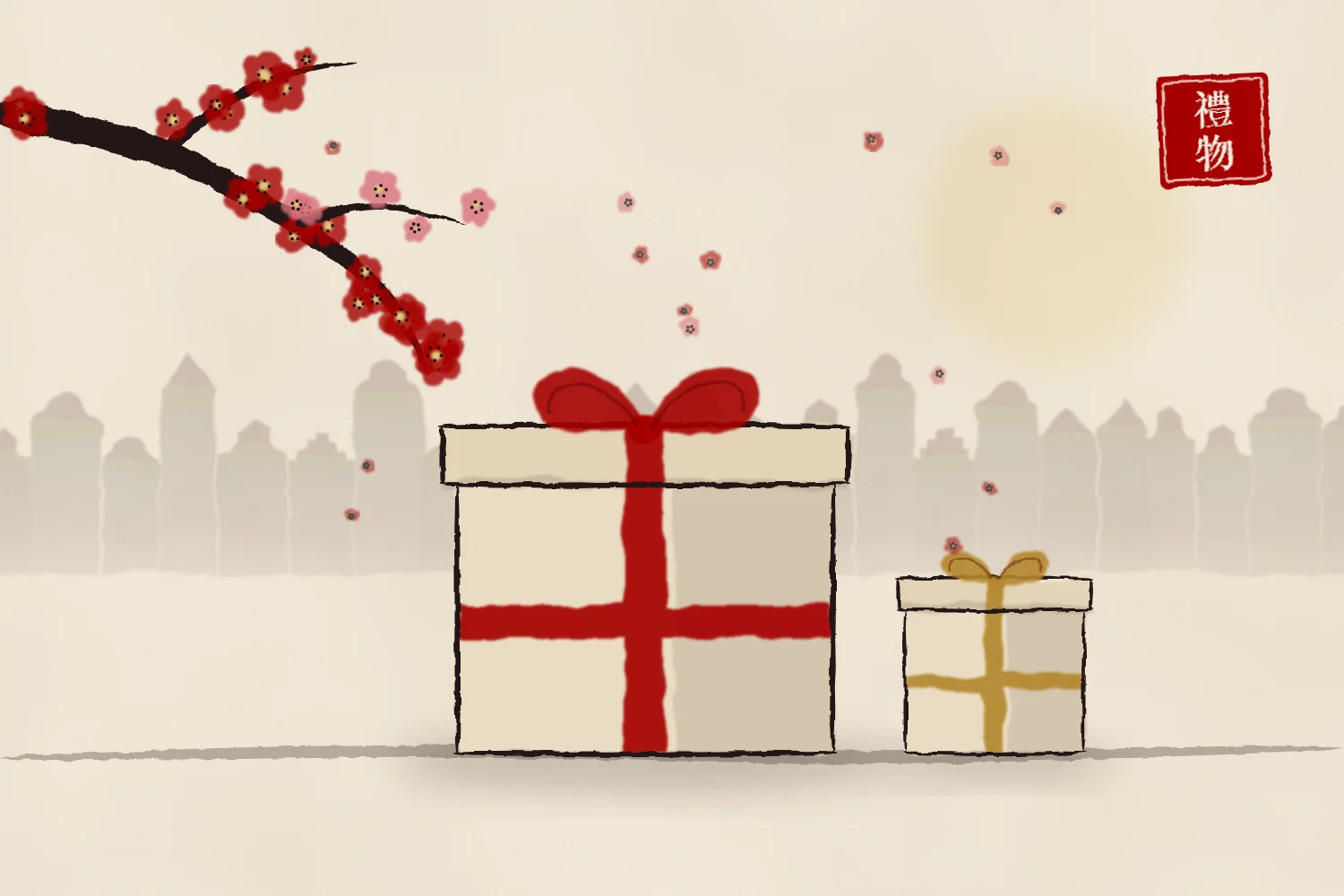 Inkttekening: twee cadeaus met strik onder een tak met pruimenbloesem
