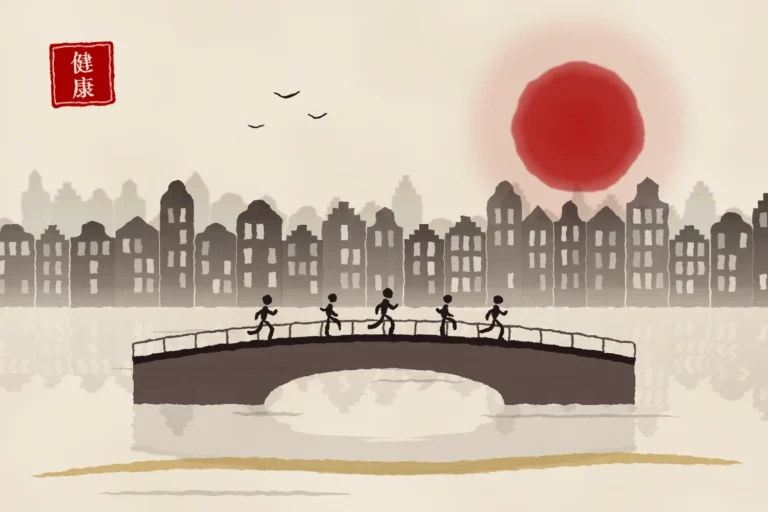 Inkttekening: hardlopers op een Amsterdamse grachtenbrug bij een rode zon