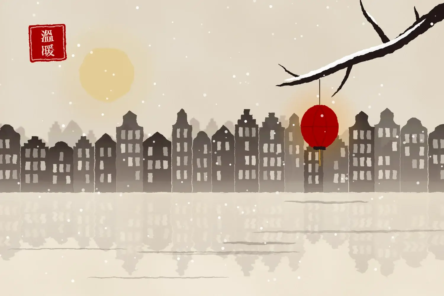 Inkttekening: besneeuwde grachtenpanden met een rode lantaarn aan een tak